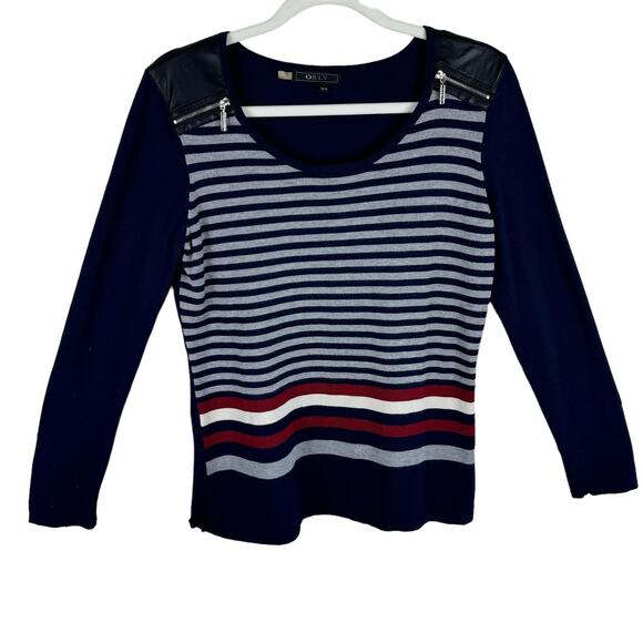 Orly Multicolor Long Sleeve Round Neck Tight Knit Pleather Zipper Sweater Sz M - Picture 1 of 6